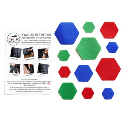 HEX Triple - Three Colour Kits - Hexagonal Down Jacket Self-Adhesive Repair Patches (Red, Blue and Green)