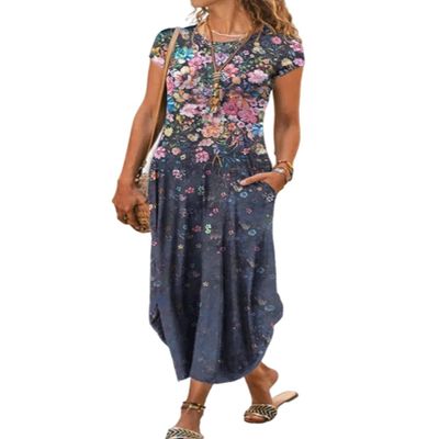AHAIJ Women Summer Casual Maxi Dress Floral Printed Loose Pockets Short Sleeve Split Boho Dresses (Dark Blue,Medium)