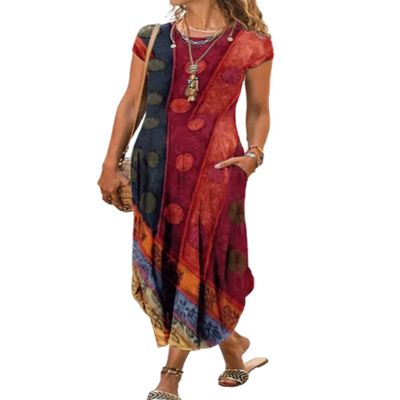 AHAIJ Women Summer Casual Maxi Dress Floral Printed Loose Pockets Short Sleeve Split Boho Dresses (Red,XX-Large)