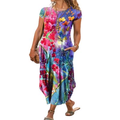 AHAIJ Women Summer Casual Maxi Dress Floral Printed Loose Pockets Short Sleeve Split Boho Dresses (Colorful,XXX-Large)