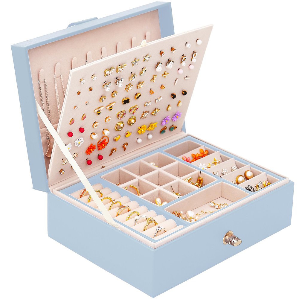 QBestry Girls Jewelry Box Earring Holder Organizer for Girls Jewelry Organizer Box Stud Earrings Organizer for Girls Womens Blue Jewelry Box for Earrings and Necklaces Rings Stud Earrings Box for Teen