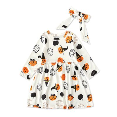 1-6T Toddler Kids Baby Girls Halloween Outfits Ghost Pumpkin Print Long Sleeve Dress Winter Clothes (White, 5-6 T)