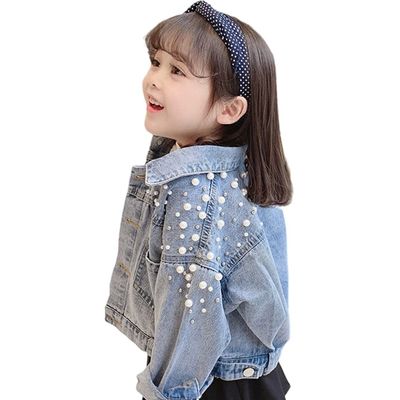 CYHTJJ Toddler Kids Girls Denim Jacket Button Down Jeans Jacket Top with Pearls (6 Years, Blue)