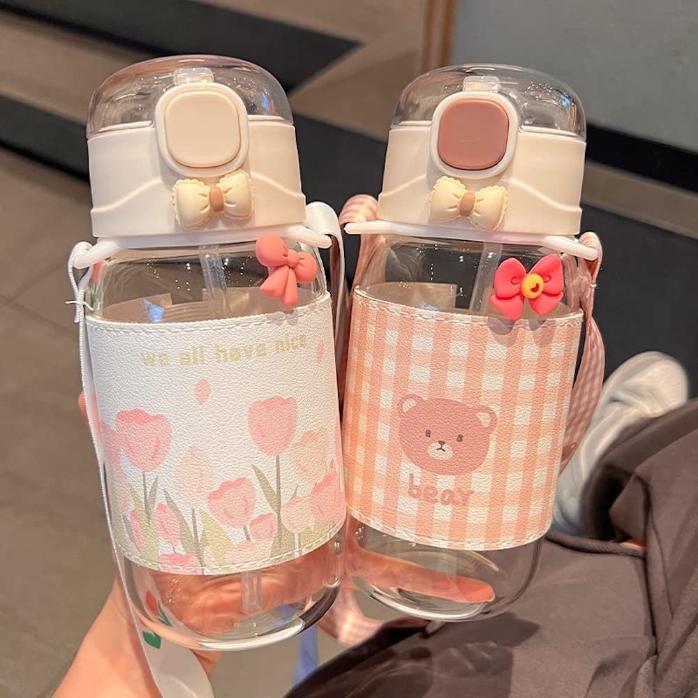 Aesthetic Water Bottle with Straw and Strap 16oz Cute Kawaii Water Bottle with 3D Stickers DIY Spring Tulip Water Bottle for Kids Sports School Teen Girls Women Leakproof Silicone BPA Free (Plaid Bear)