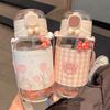 Aesthetic Water Bottle with Straw and Strap 16oz Cute Kawaii Water Bottle with 3D Stickers DIY Spring Tulip Water Bottle for Kids Sports School Teen Girls Women Leakproof Silicone BPA Free (Plaid Bear) view 1