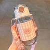 Aesthetic Water Bottle with Straw and Strap 16oz Cute Kawaii Water Bottle with 3D Stickers DIY Spring Tulip Water Bottle for Kids Sports School Teen Girls Women Leakproof Silicone BPA Free (Plaid Bear) view 2
