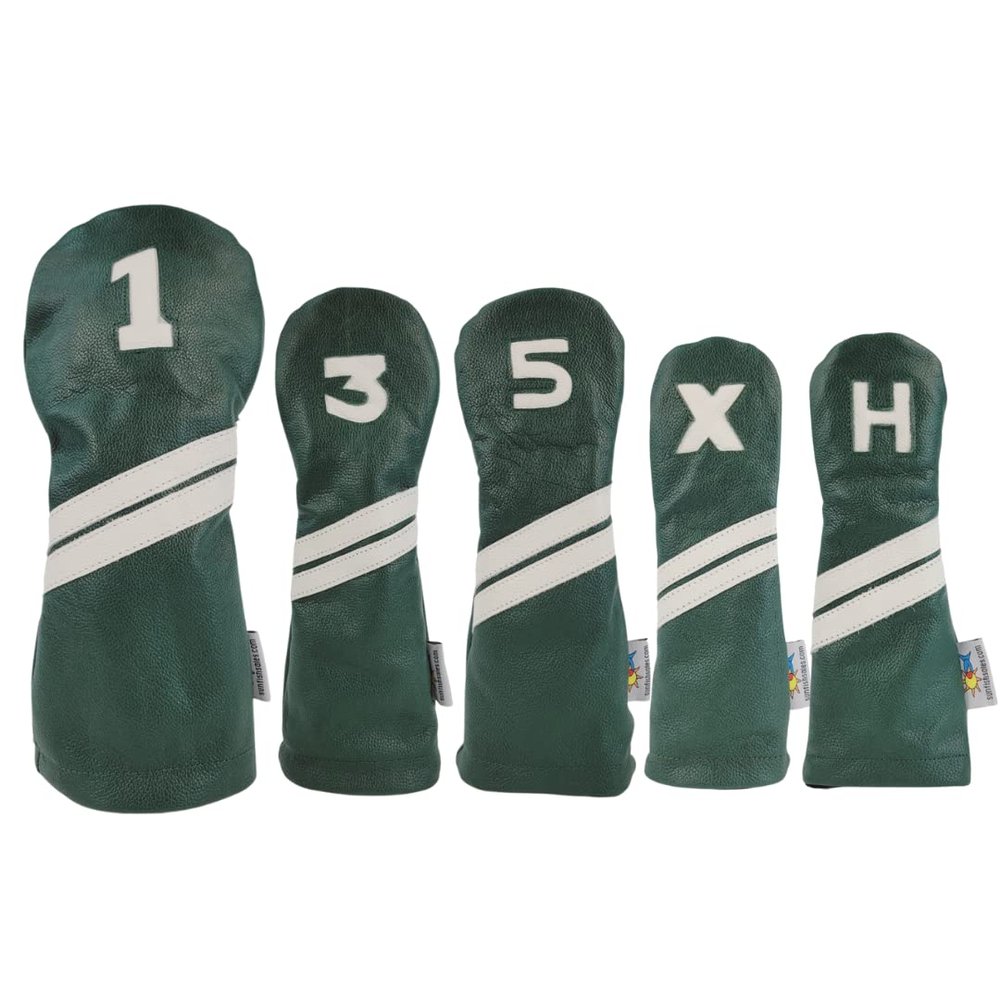 Sunfish Green and White Leather Golf Club Headcover 5 Piece Set 1 3 5 X H Driver 2 Fairways 2 Hybrids