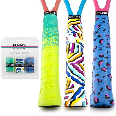 Get A Grip - Custom Tennis Racket Grip Tape - Anti-Slip/Quick-Drying Tennis Overgrips - Precut Badminton Racket Grip with Finishing Tape (Find Your Flair Pack, 3 Grips (15% Discount))
