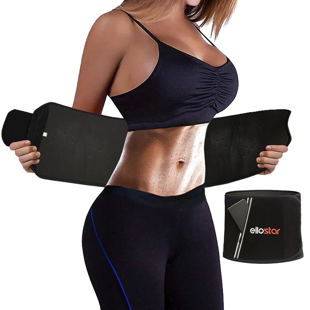 ellostar Waist Trimmer for Women & Men Tummy Control Band Waistline Body Shaper Sauna Sweatband, Sweat Shapewear, Workout Belt (Black with Zipper Pocket)