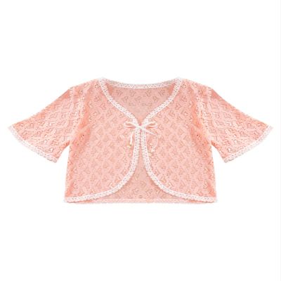 easyforever Girls Ruffled Short Sleeve Lace Hollow Floral Crochet Knitted Bolero Shrug Top Cardigan Shrug Dress Cover up 9Pink Love 6-8 Years
