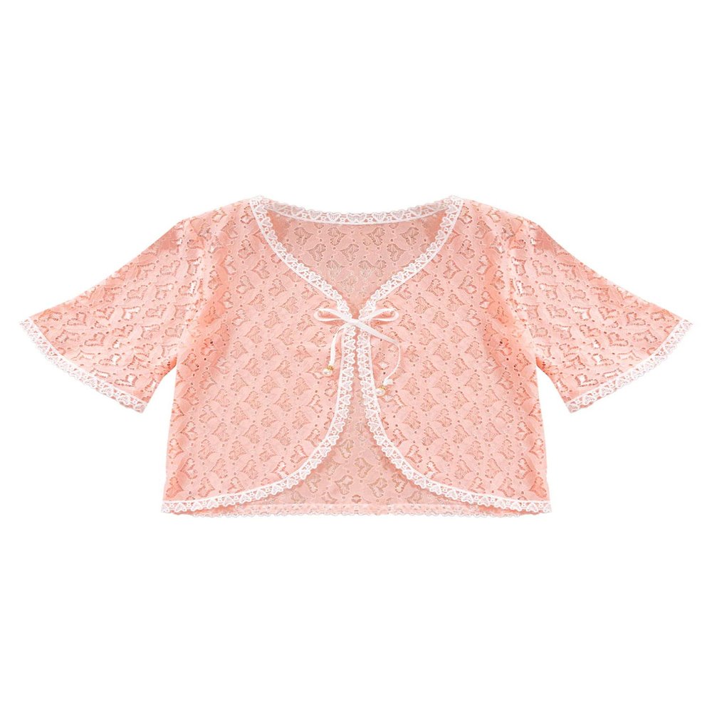 easyforever Girls Ruffled Short Sleeve Lace Hollow Floral Crochet Knitted Bolero Shrug Top Cardigan Shrug Dress Cover up 9Pink Love 6-8 Years