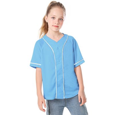 Icibgds Kids Baseball Jersey Button Boys T-Shirt Trendy Hip Hop Girls Black and White Short Sleeve Tshirt (Light Blue, 10 Years)