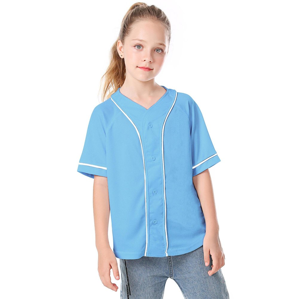 Icibgds Kids Baseball Jersey Button Boys T-Shirt Trendy Hip Hop Girls Black and White Short Sleeve Tshirt (Light Blue, 10 Years)