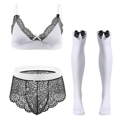 ABAFIP Men Sissy Underwear Floral Lace Bra Bikini Panties Bowknot Stockings 3 Piece Nightwear Sleepwear set White + Black Medium