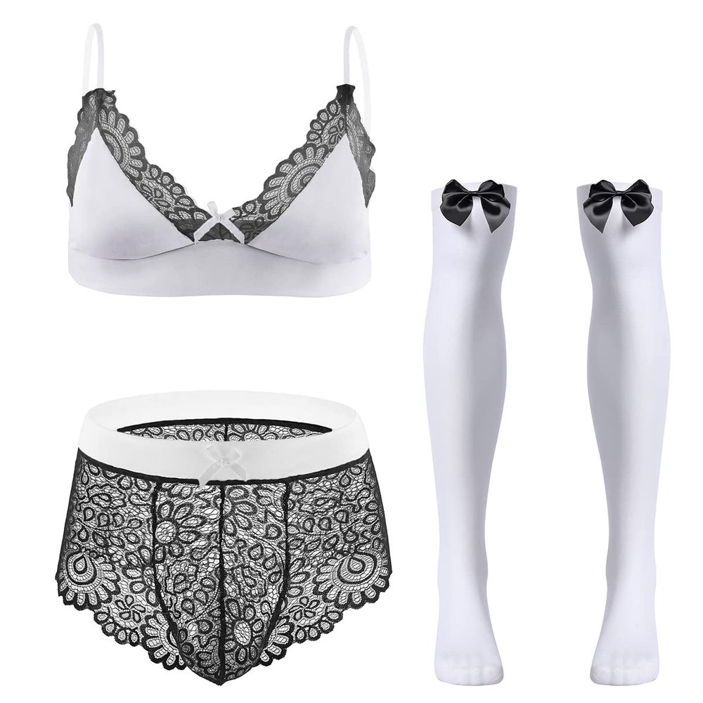 ABAFIP Men Sissy Underwear Floral Lace Bra Bikini Panties Bowknot Stockings 3 Piece Nightwear Sleepwear set White + Black Medium