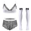ABAFIP Men Sissy Underwear Floral Lace Bra Bikini Panties Bowknot Stockings 3 Piece Nightwear Sleepwear set White + Black Medium view 1