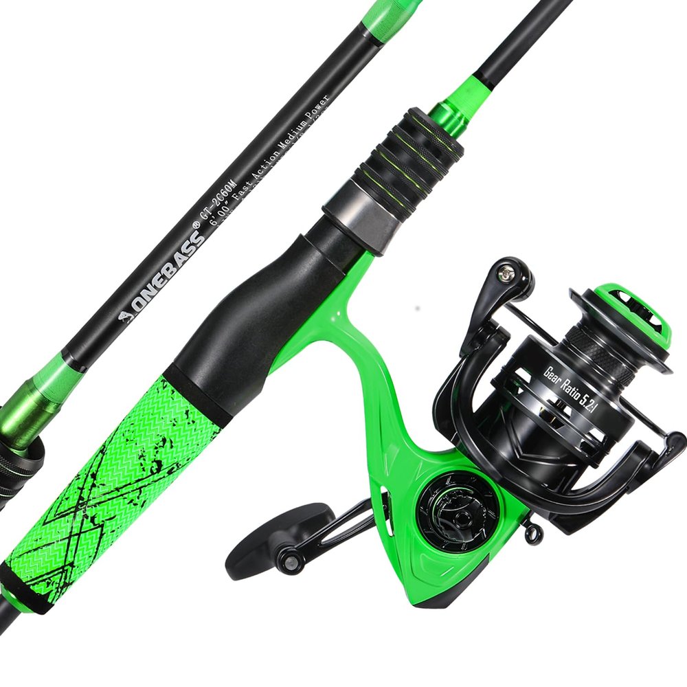 One Bass Fishing Rod Reel Combo, 2-Piece Fishing Pole with Spinning Reel Super Polymer Handle Rod-Green -1.98M