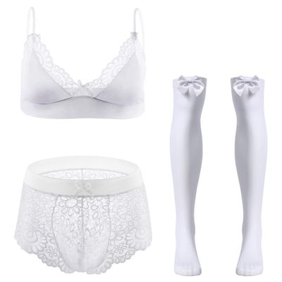 ABAFIP Men Sissy Underwear Floral Lace Bra Bikini Panties Bowknot Stockings 3 Piece Nightwear Sleepwear set White Large