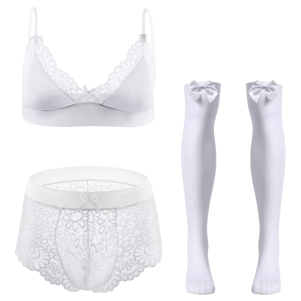 ABAFIP Men Sissy Underwear Floral Lace Bra Bikini Panties Bowknot Stockings 3 Piece Nightwear Sleepwear set White Large
