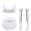 ABAFIP Men Sissy Underwear Floral Lace Bra Bikini Panties Bowknot Stockings 3 Piece Nightwear Sleepwear set White Large view 1