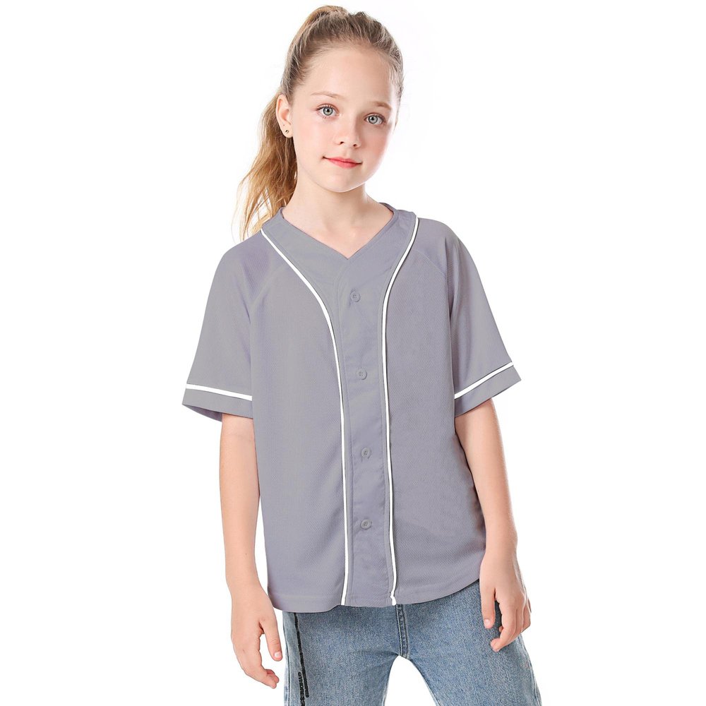 Icibgds Kids Baseball Jersey Button Boys T-Shirt Trendy Hip Hop Girls Black and White Short Sleeve Tshirt (Gray, 8 Years)