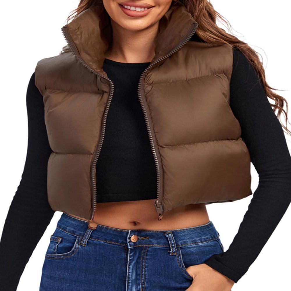 Fuinloth Women's Padded Vest, High Stand Collar Lightweight Zip Crop Puffy Gilet Brown XXL