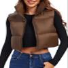 Fuinloth Women's Padded Vest, High Stand Collar Lightweight Zip Crop Puffy Gilet Brown XXL view 1