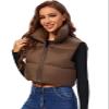 Fuinloth Women's Padded Vest, High Stand Collar Lightweight Zip Crop Puffy Gilet Brown XXL view 2