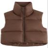 Fuinloth Women's Padded Vest, High Stand Collar Lightweight Zip Crop Puffy Gilet Brown XXL view 3