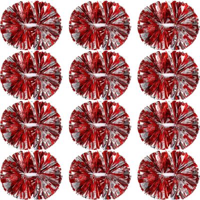 Hoteam 12 Pack Cheerleading Pom Poms Cheer Pompoms with Baton Handle Metallic Foil Pompoms for Adult for Team Sports Party Dance Cheering Squad Accessories, 14 Inch (Red and Silver)