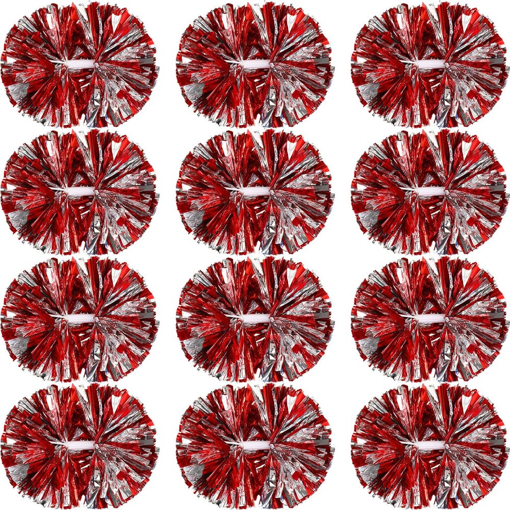 Hoteam 12 Pack Cheerleading Pom Poms Cheer Pompoms with Baton Handle Metallic Foil Pompoms for Adult for Team Sports Party Dance Cheering Squad Accessories, 14 Inch (Red and Silver)