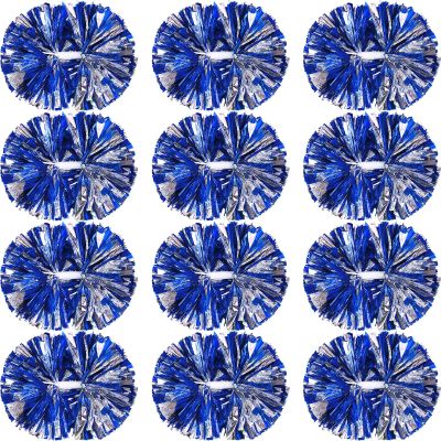 Hoteam 12 Pack Cheerleading Pom Poms Cheer Pompoms with Baton Handle Metallic Foil Pompoms for Adult for Team Sports Party Dance Cheering Squad Accessories, 14 Inch (Blue and Silver)