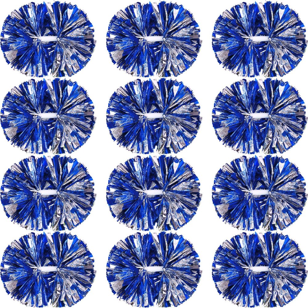 Hoteam 12 Pack Cheerleading Pom Poms Cheer Pompoms with Baton Handle Metallic Foil Pompoms for Adult for Team Sports Party Dance Cheering Squad Accessories, 14 Inch (Blue and Silver)