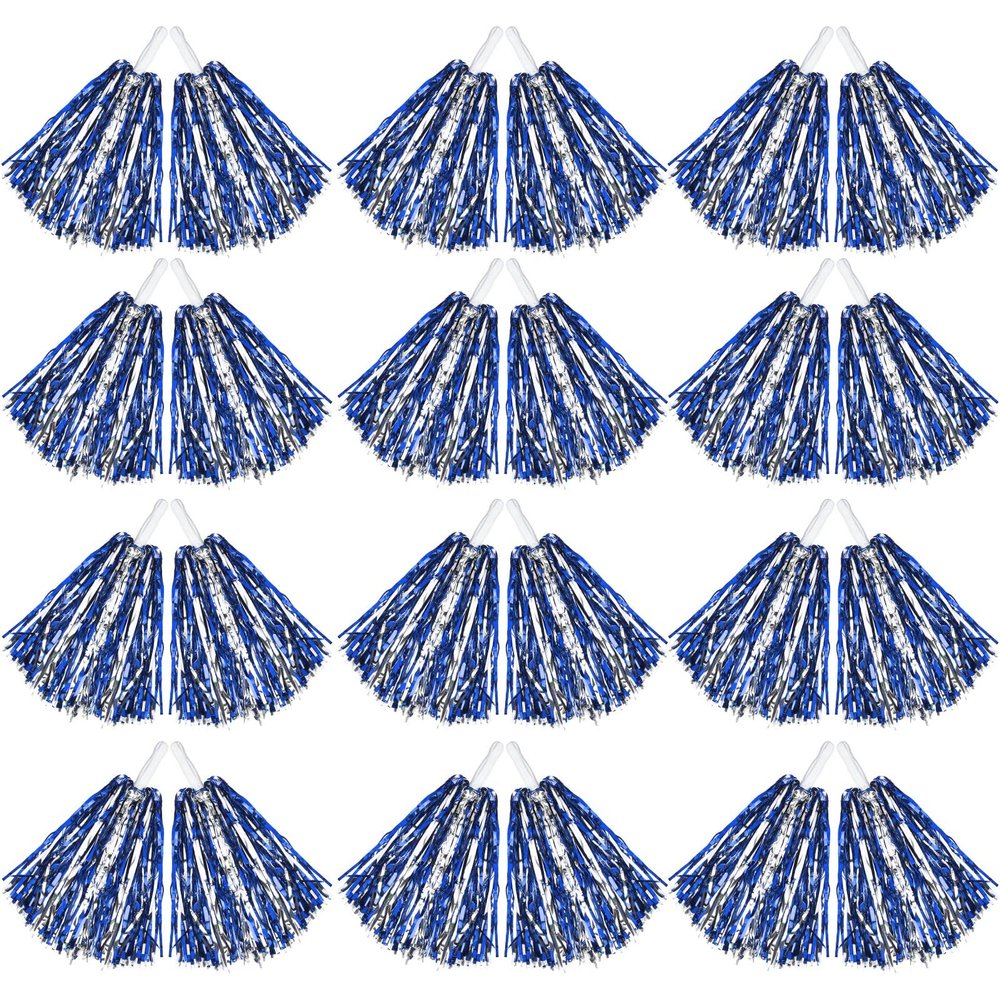 Hoteam 24 Pcs Cheerleading Pom Poms, 12.6 Inch Plastic Cheer Pompoms with Handle, Metallic Foil Cheerleader Poms for Adult for Team Sports Party Dance Cheering Squad Accessories(Blue and Silver)