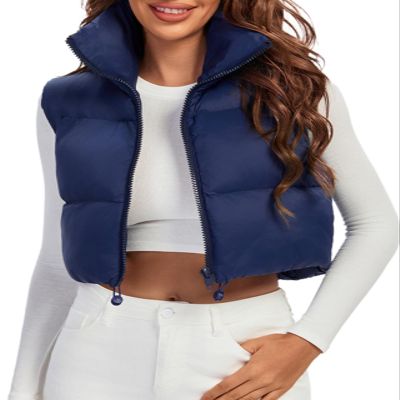 Fuinloth Women's Padded Vest, High Stand Collar Lightweight Zip Crop Puffy Gilet Navy Blue L