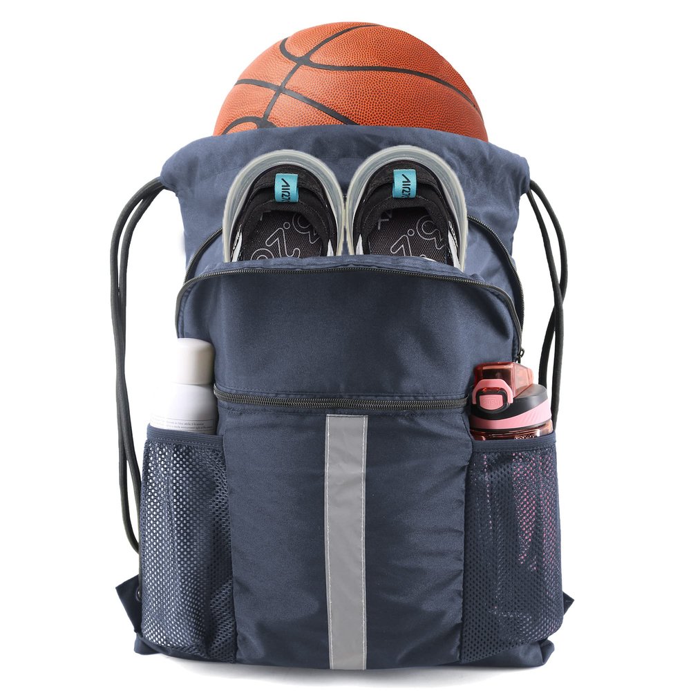 BeeGreen Navy Blue Cinch Backpack Bag Sack w Drawstring & Shoe Compartment Sturdy String Workout Sackpack w Zipper Pockets & Mesh Water Bottle Holder for Swim Gymnastic
