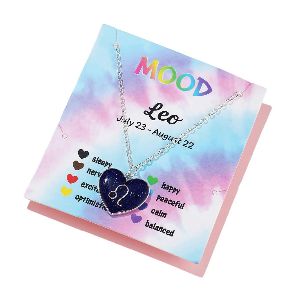 12 Constellation Sign Zodiac Love Heart Shape Pendant Necklace Color Changing Temperature Emotion Sensing Mood for Women Astrology Horoscope BFF Friendship Birthday Jewelry-Leo
