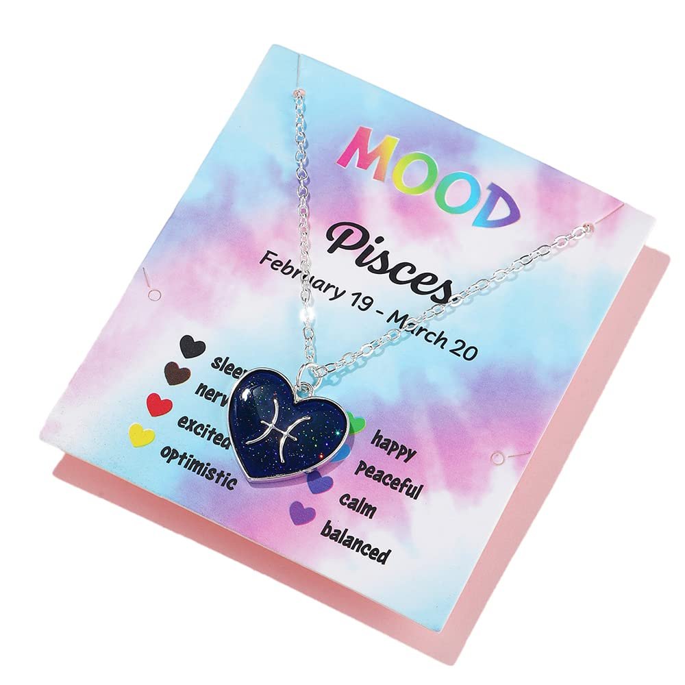 12 Constellation Sign Zodiac Love Heart Shape Pendant Necklace Color Changing Temperature Emotion Sensing Mood for Women Astrology Horoscope BFF Friendship Birthday Jewelry-Pisces