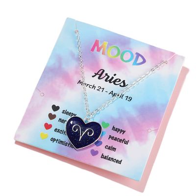 12 Constellation Sign Zodiac Love Heart Shape Pendant Necklace Color Changing Temperature Emotion Sensing Mood for Women Astrology Horoscope BFF Friendship Birthday Jewelry-Aries