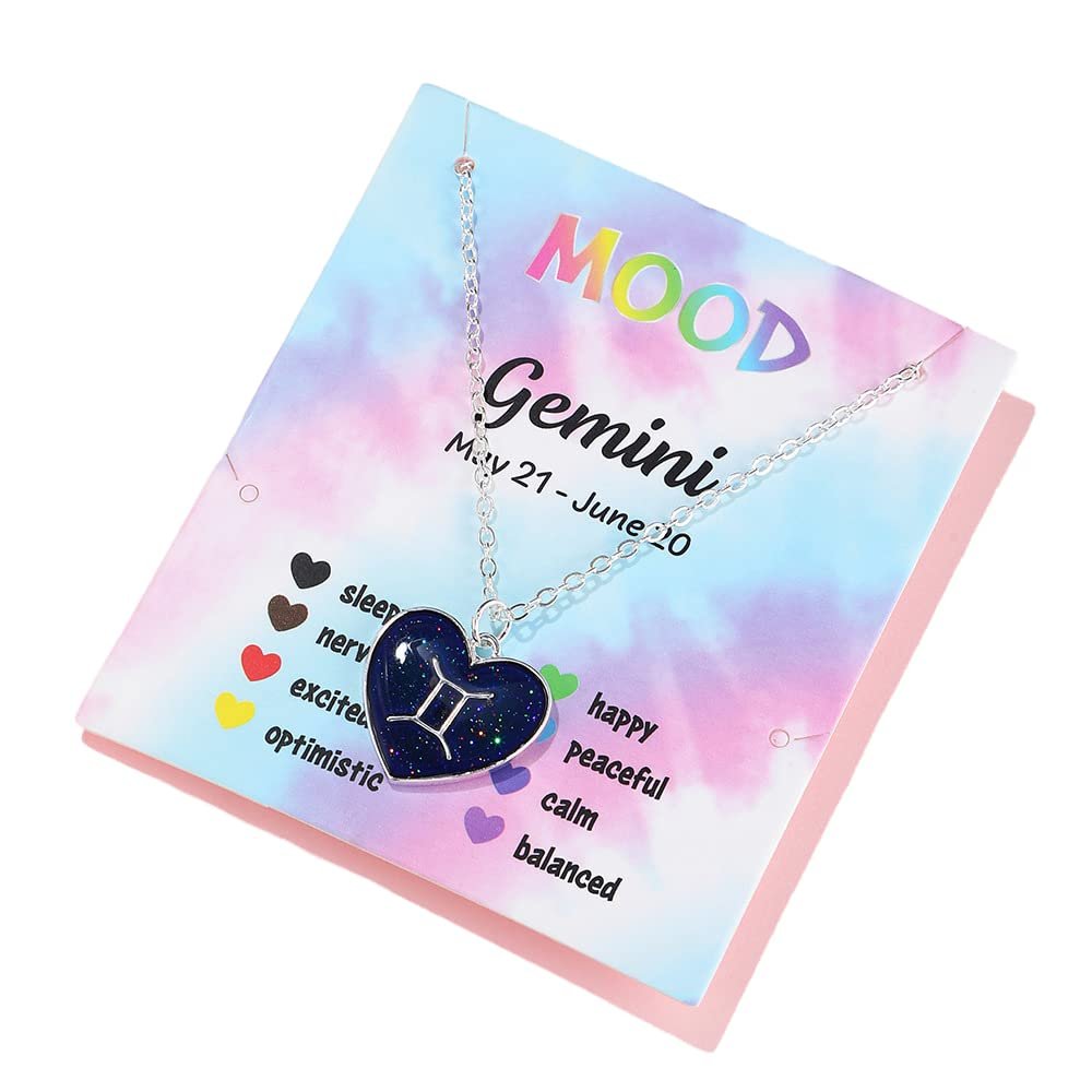 12 Constellation Sign Zodiac Love Heart Shape Pendant Necklace Color Changing Temperature Emotion Sensing Mood for Women Astrology Horoscope BFF Friendship Birthday Jewelry-Gemini