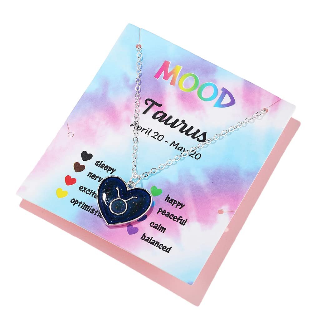 12 Constellation Sign Zodiac Love Heart Shape Pendant Necklace Color Changing Temperature Emotion Sensing Mood for Women Astrology Horoscope BFF Friendship Birthday Jewelry-Taurus