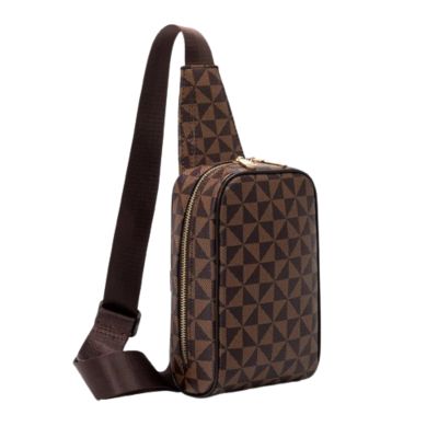 Plaid Leather Sling Men Chest Bag Small CrossBody Belt Bags Man Zipper Cross Body Messenger Shoulder Bags Male (1-Brown)