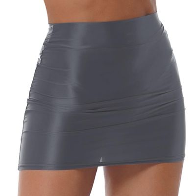 Hedmy Womens Super Shiny Shaping Miniskirt High Waist Bodycon Stockings Pencil Skirt Y2K Hip Skirt Grey Large