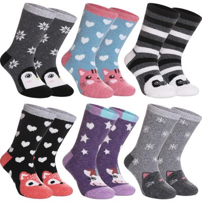 SDBING Kids Merino Wool Hiking Socks - Toddlers Boys Girls Warm Boot Cozy Thick Thermal Winter Crew - 6 Pairs (4-7 Years, Cute Animal)