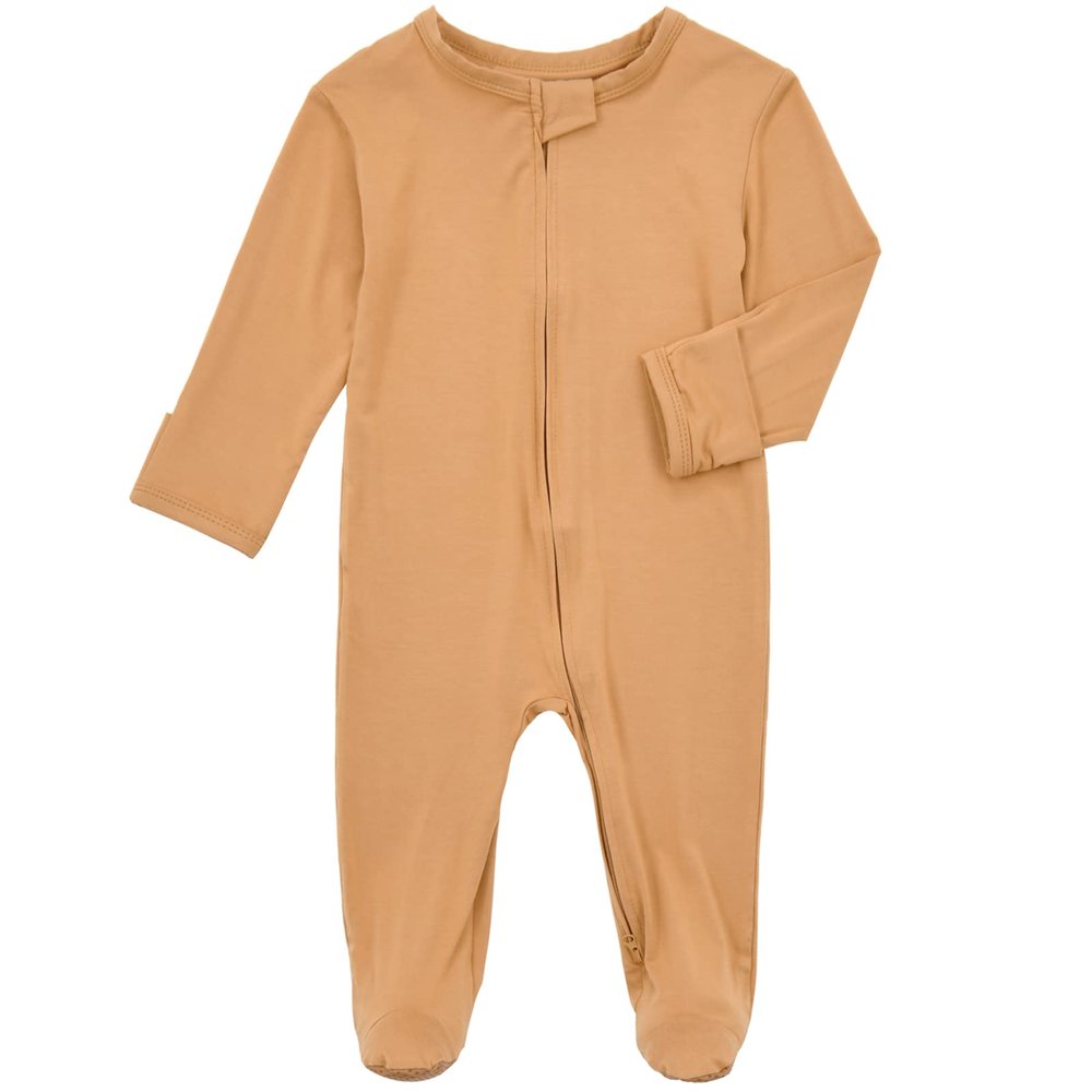 Aablexema Baby Footie Pajamas Zipper - Rayon from Bamboo Infant Footed Pjs with Mittens Sleepwear Jammies(Khaki Yellow,3-6m)