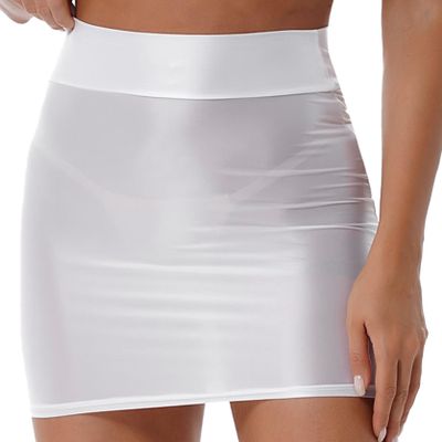Hedmy Womens Super Shiny Shaping Miniskirt High Waist Bodycon Stockings Pencil Skirt Y2K Hip Skirt White Medium