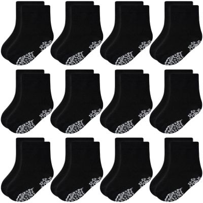 RATIVE Non Skid Anti Slip Slipper Cotton Striped Crew Dress Socks with Grips for Baby Toddler Boys (6-12 Months, 12-pairs/black)