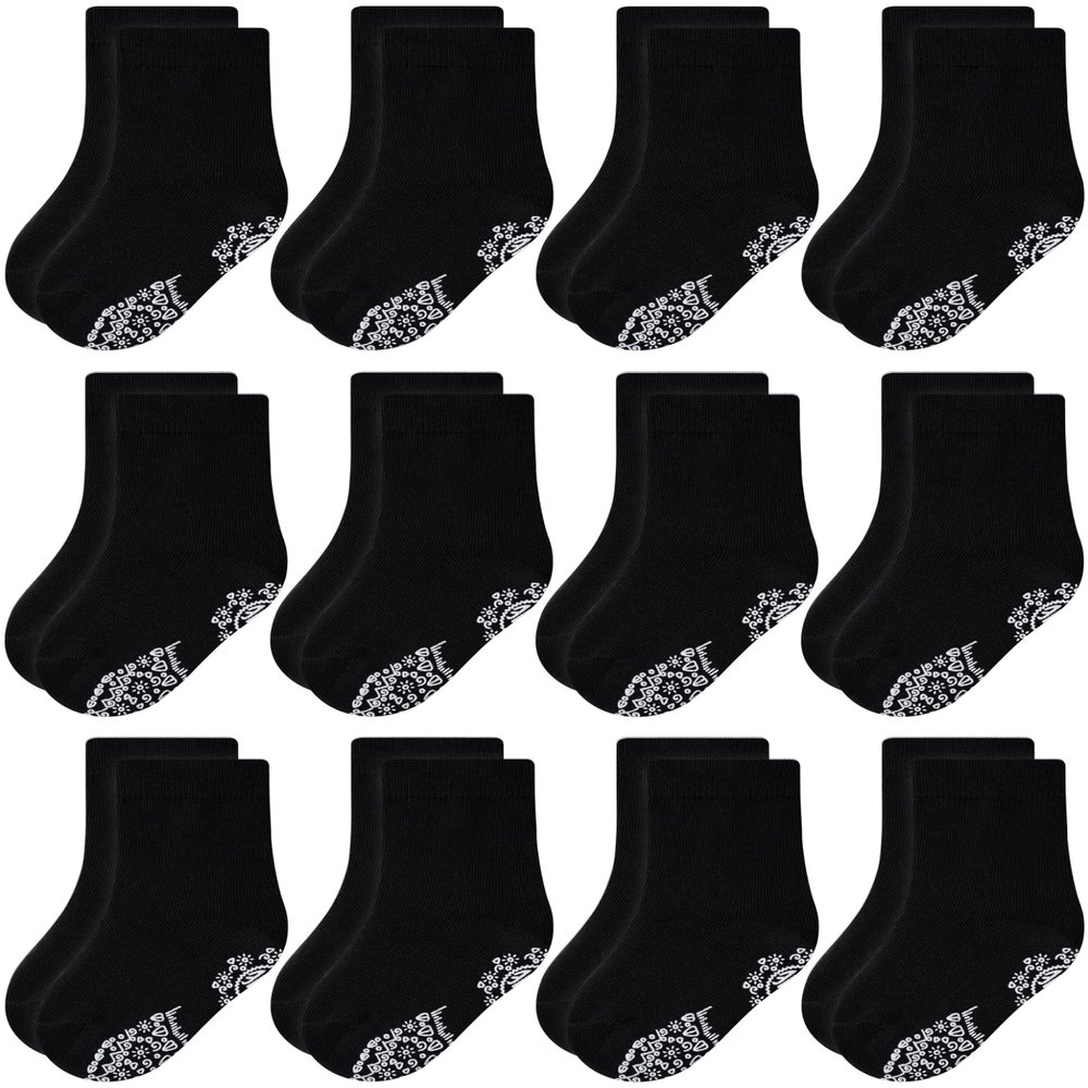 RATIVE Non Skid Anti Slip Slipper Cotton Striped Crew Dress Socks with Grips for Baby Toddler Boys (6-12 Months, 12-pairs/black)