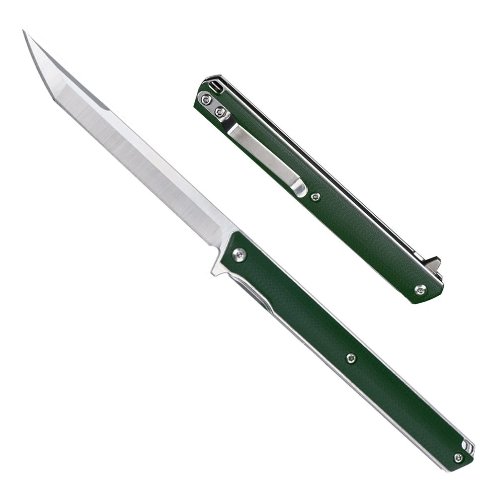 TENCHILON T42 Small Slim Pocket Flipper Knife, 3.5 inches D2 Tanto Blades, Contoured G10 Handle with Liner lock Compact Gentlemen's Folding Utility Tactical EDC, 2oz (Green)