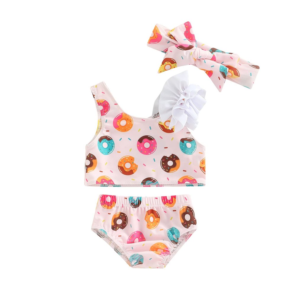 One opening Toddler Baby Girls Swimsuit Sleeveless Doughnuts Swimwear Two-Pieces Bathing SuitBikini SetBeach Wear (White, 9-12 Months)